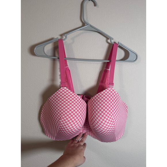 Cacique pink and white plaid Simply Wire Free Tshirt bra size 42F - Picture 2 of 8